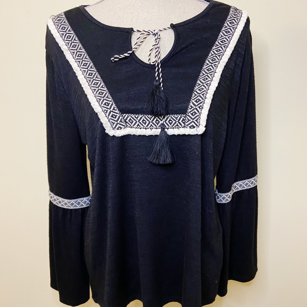 Style & Co Embroidered Fringe Tassel Boho Top